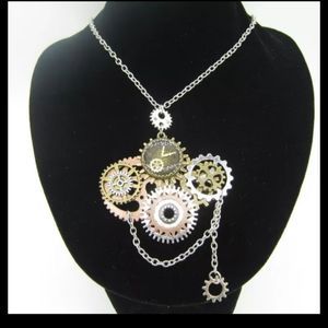 Gold silver and copper gears large steampunk goth  necklace new unisex